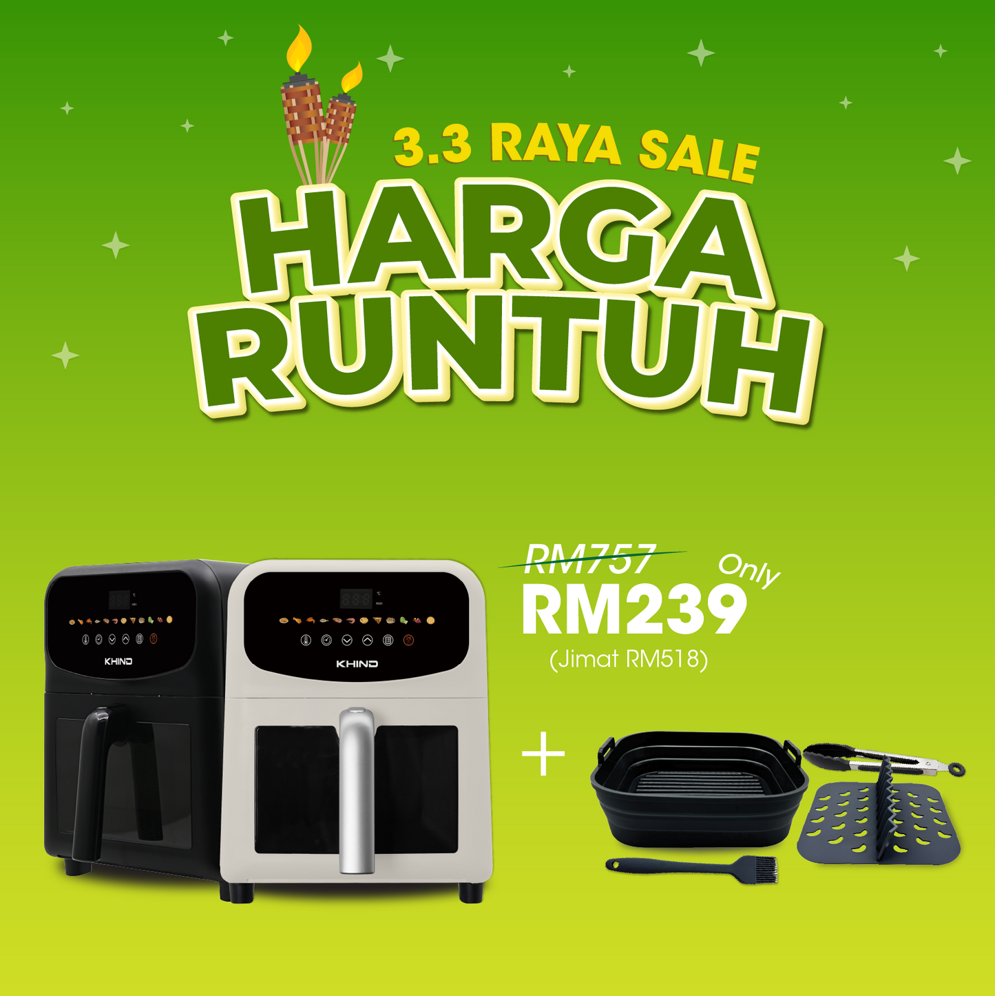 3.3 HARGA RUNTUH - KHIND Metal Air Fryer with Ceramic-Coated Basket Black (5.8L) ARF58D + KHIND Air Fryer Buddy Kit ZAFA03EX