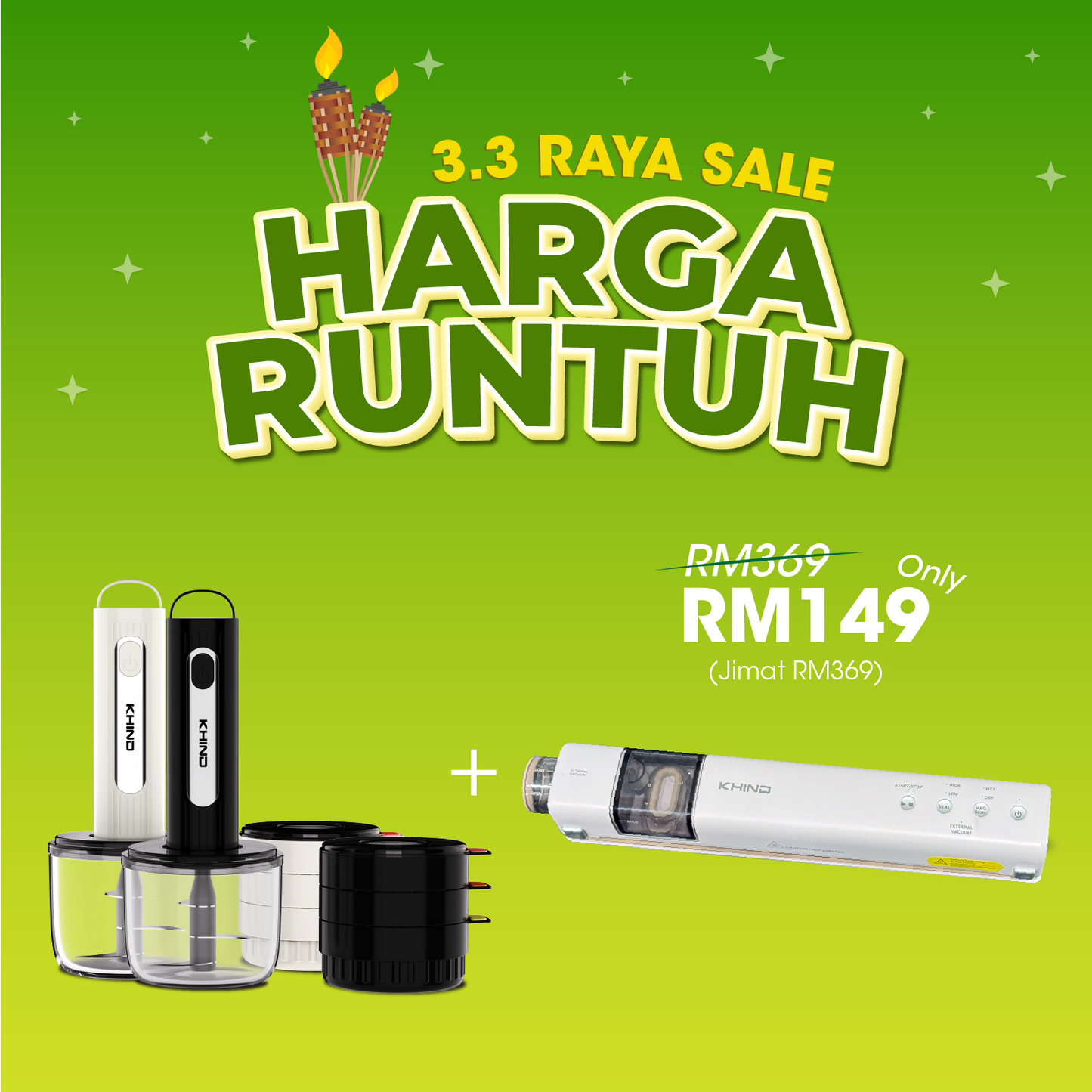 3.3 HARGA RUNTUH - KHIND Wireless Food Chopper with 1 + 3 Bowls FPC300 + KHIND SealMate USB Portable Food Vacuum Sealer ZVS07EX